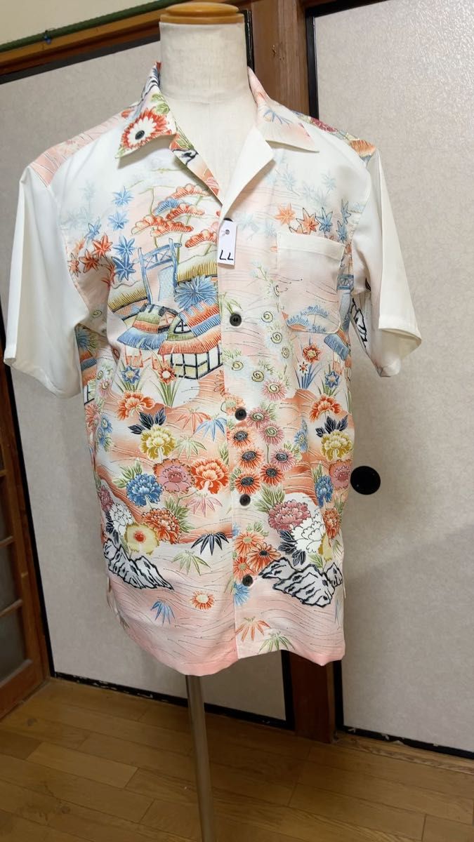 アロハシャツ 和風 風景画 オープンカラー ポリエステル、LLサイズ