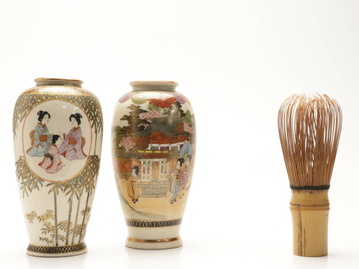蔵】薩摩焼 白山 美山 作 一対 金彩色絵美人画風景花瓶 渋く 旧家 初 蔵】薩摩焼 白山 美山 作 一対 金彩色絵美人画風景花瓶 渋く 旧家 初