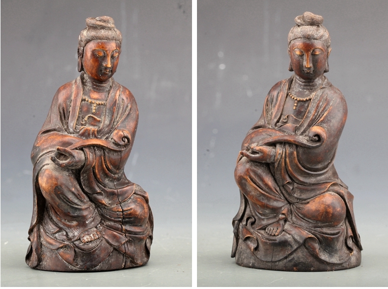 中国古玩 高級黄花梨木製 雕刻觀音人物像 置物 一対 ！直径8cm、高さ16cm _画像5
