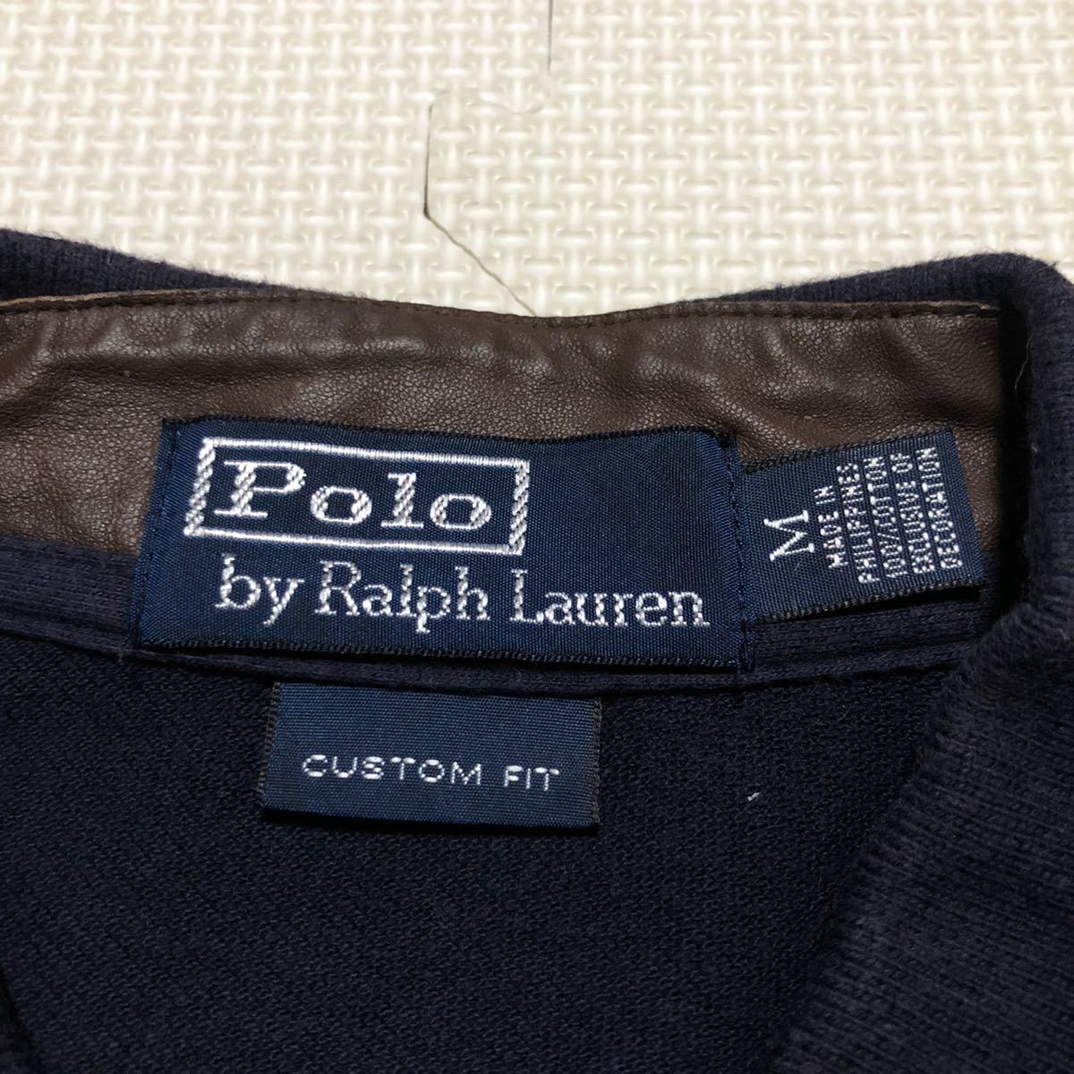 Ralph Lauren ラルフローレン 切替レザー 鹿の子生地 半袖 ポロシャツ M ネイビー_画像6