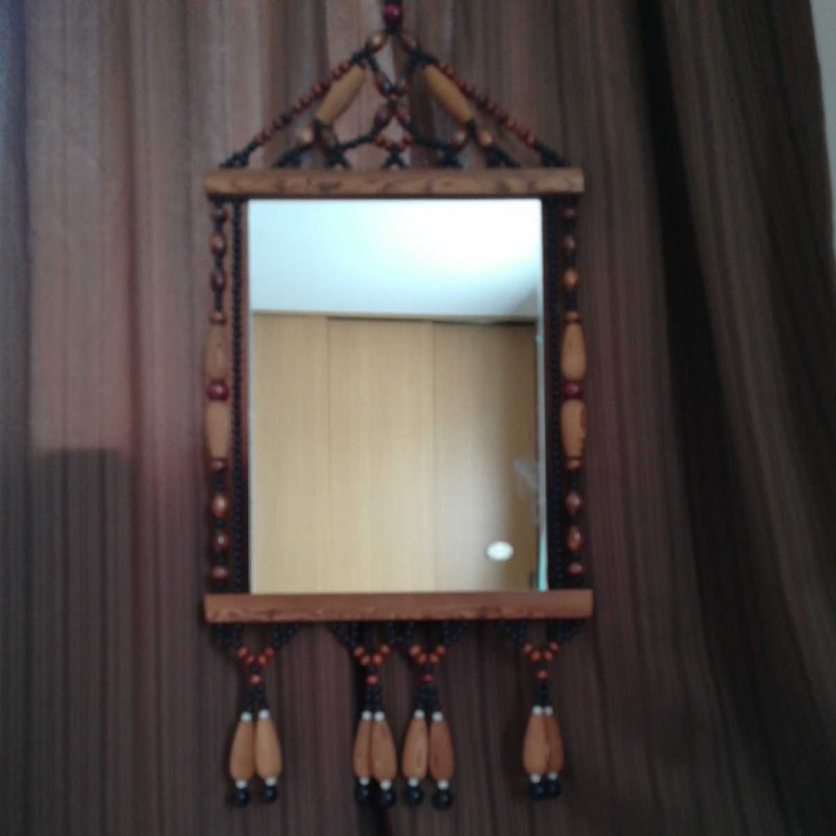 古い壁掛け鏡 ウォールミラー 木製 木彫り 彫刻 昭和レトロ アンティーク