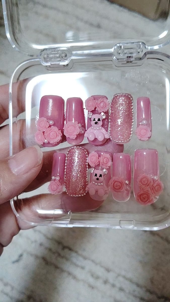 ネイルチップ 10枚 ピンク くま バラ パール 3Dパーツ