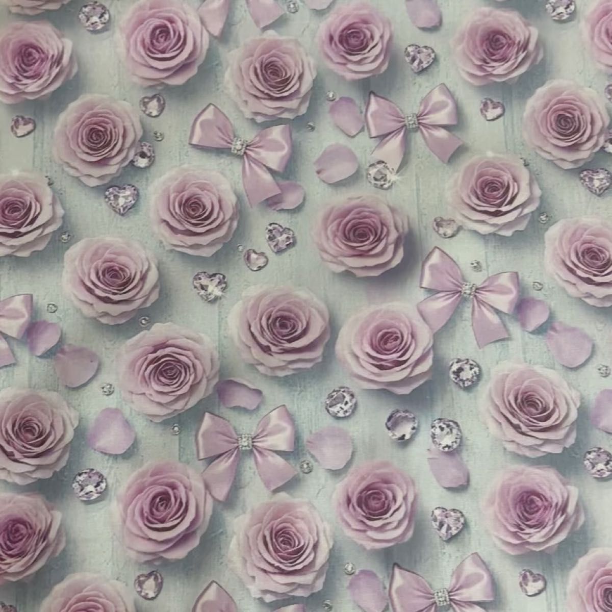 長さ100cm*110cm(幅)夏新柄 立体感薄紫薔薇花柄花弁リボンハートラインストーンコットンプリント生地シーチングハギレ生地