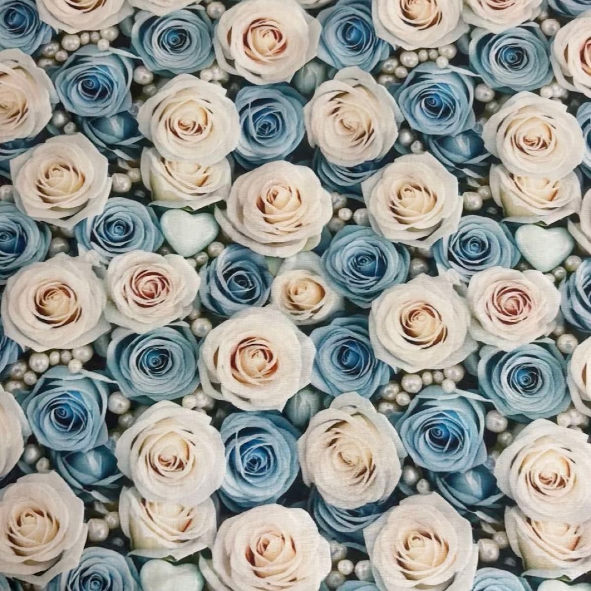長さ100cm*110cm(幅)夏新柄 爽やかな水色薔薇白色バラ花パールハートパッツコットンプリント生地シーチングハギレ生地