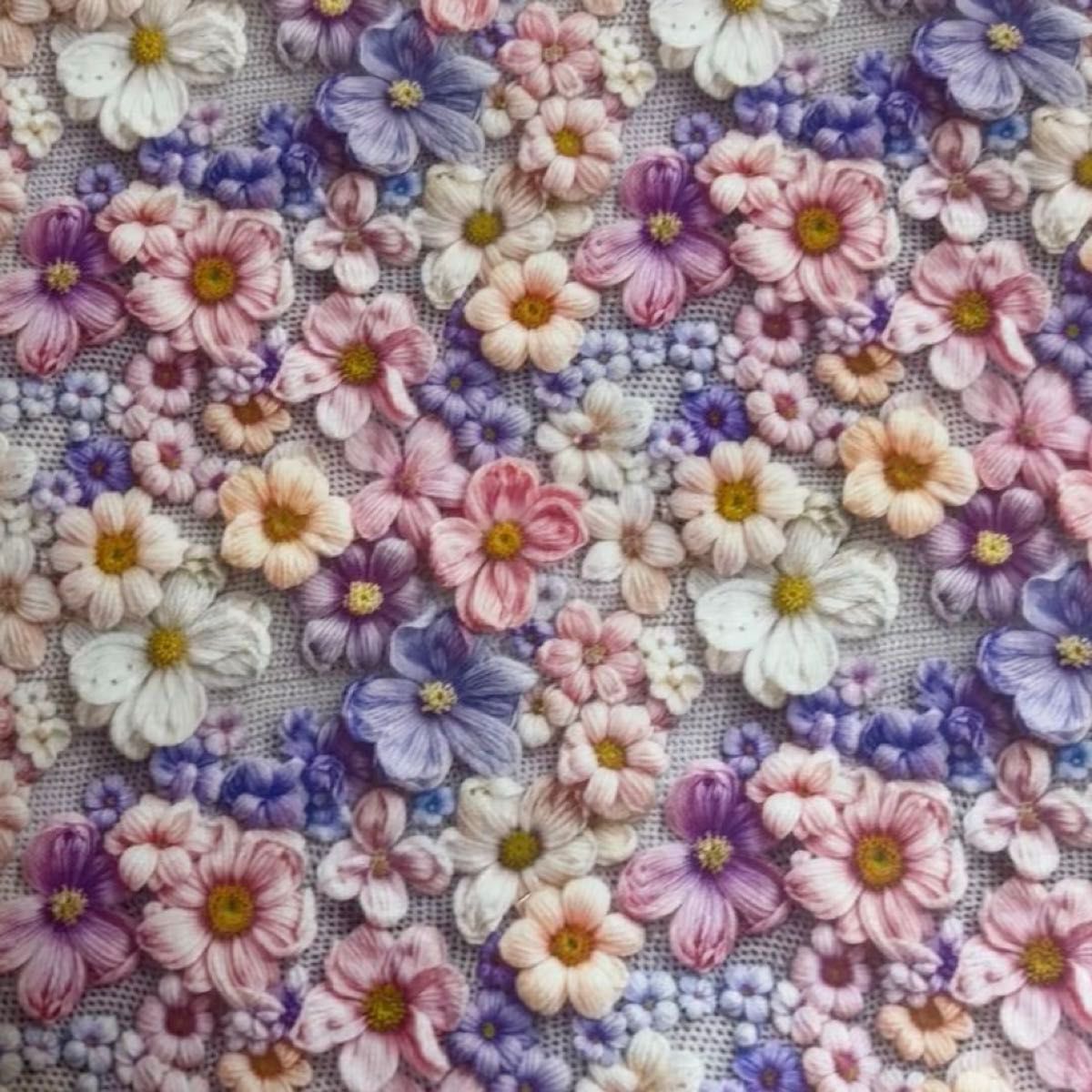 長さ100cm*110cm(幅) 新柄3D立体刺繍風薄ピンク紫白花柄コットンプリント生地ハンドメイド用 シーチングハギレ生地