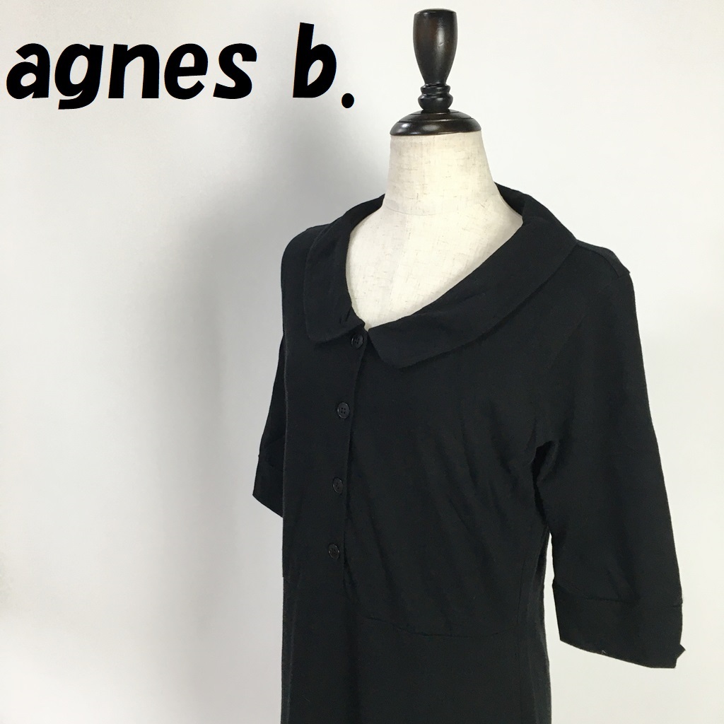 [ popular ]agnes b./ Agnes B front centre button 5 minute sleeve One-piece black lady's /S492