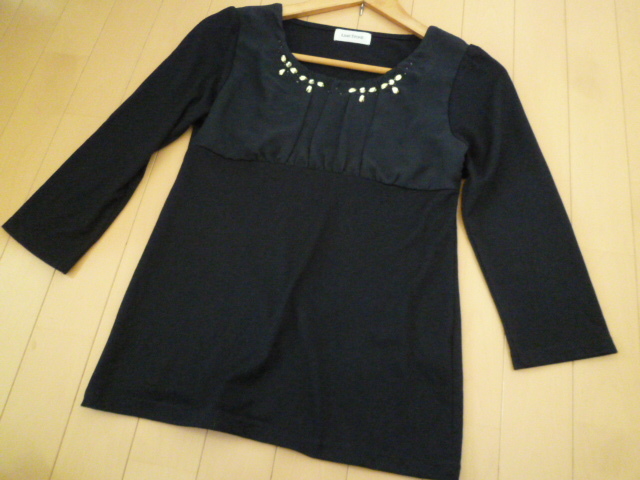 LIME STONE/ライムストーン○濃紺胸シフォンビックビュー付きカットソーM/七分袖トップスネイビー○T625_画像1