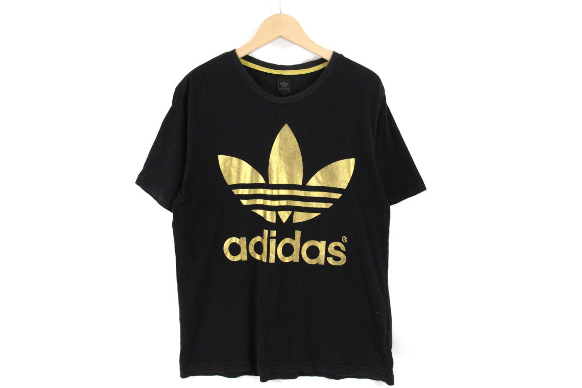 【名作】ADIDAS ORIGINALS 80s 黒タグ ビンテージ RUN DMC ロレフフォイル ロゴ Tシャツ O (XL) ブラック 黒 金  ゴールド