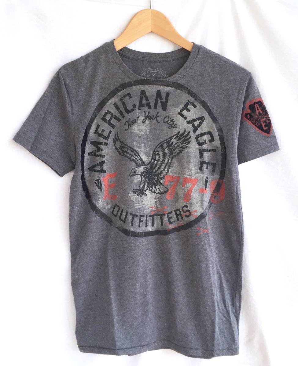 AE アメリカンイーグル Tシャツ メンズXS グレー ロゴ かすれプリント フロッキー 立体 ダメージ 袖にもプリント 半袖 AMERICAN  EAGLE D176