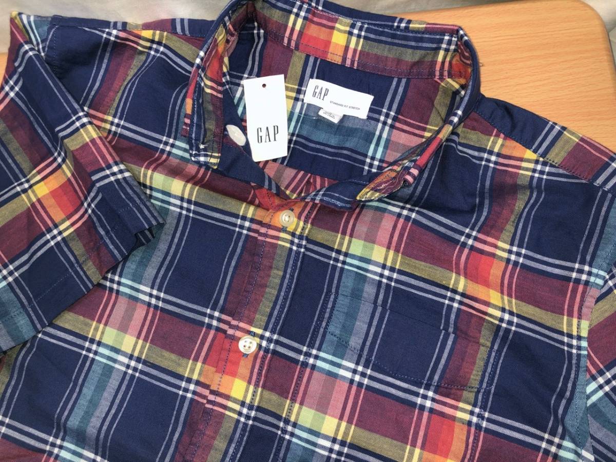 BD рубашка с коротким рукавом большой рисунок проверка flat тканый хлопок ткань темно-синий M соответствует GAP* новый товар дешевый!