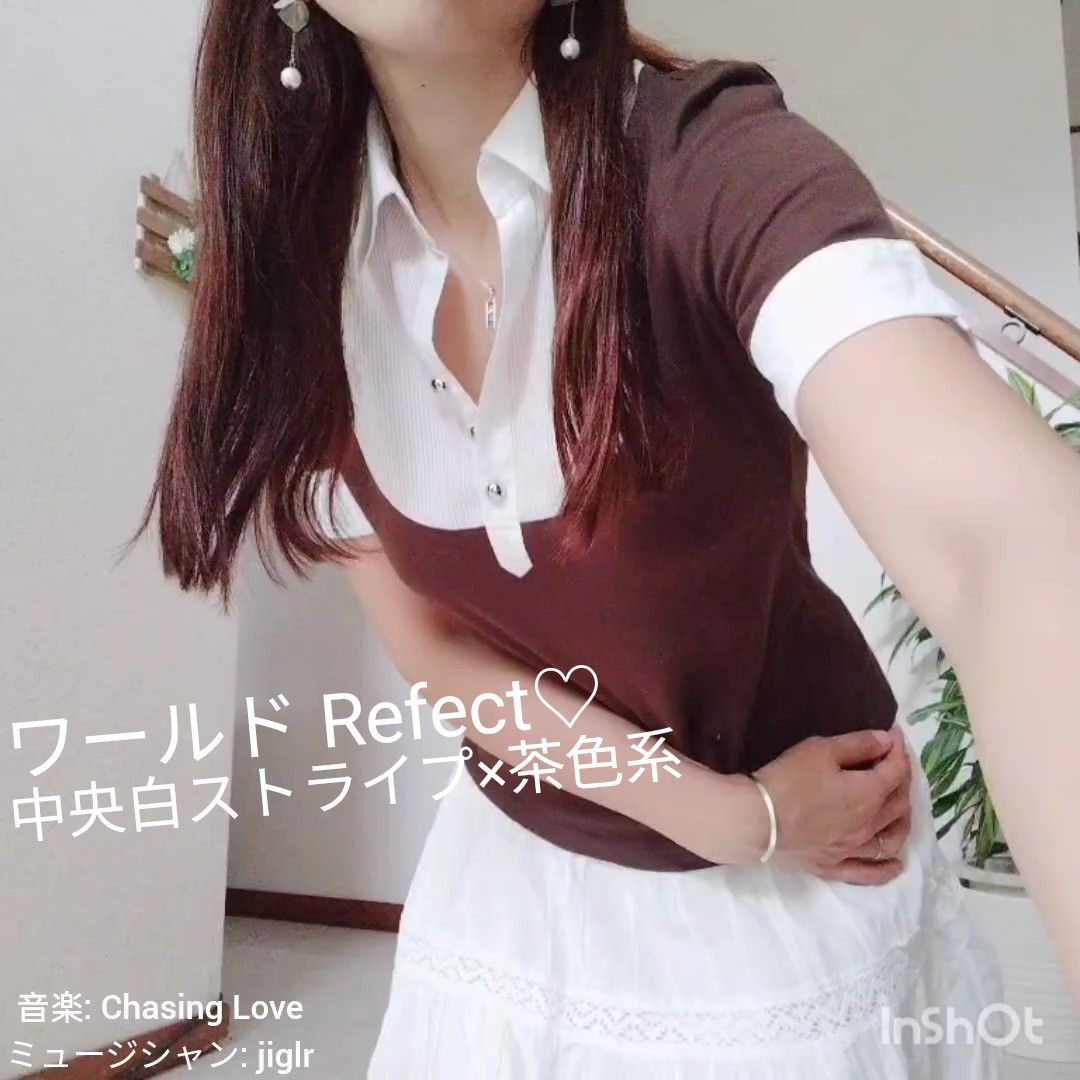 ワールド Refect☆中央ストライプ×茶色系☆レディース☆半袖☆お洒落シャツ