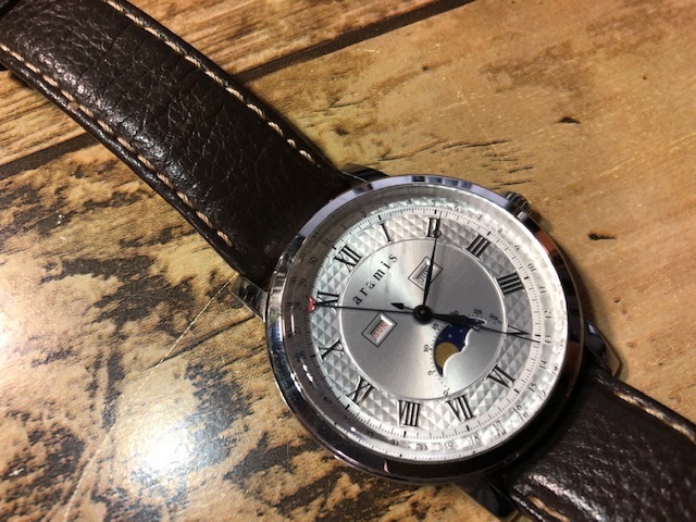  rare rare aramis Aramis toli Calle & moon phase silver color original leather belt 2015 LIMITED quarts men's wristwatch 