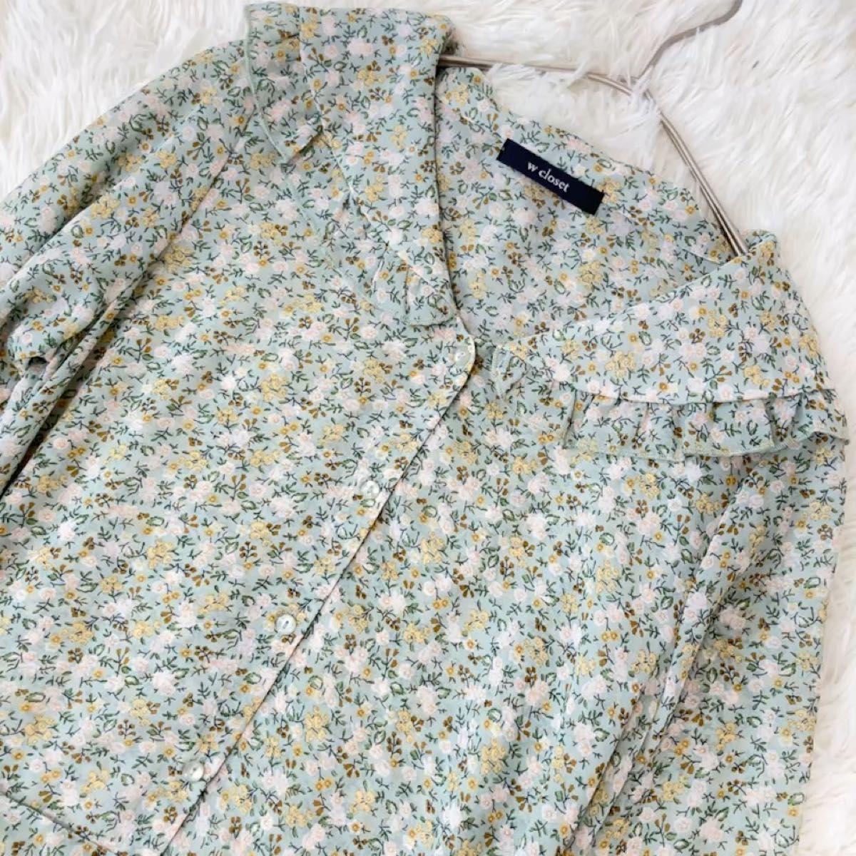 w closet 丸襟 フリル襟 ティアード長袖ロングワンピース 花柄 ウエストリボン グリーン フラワープリント