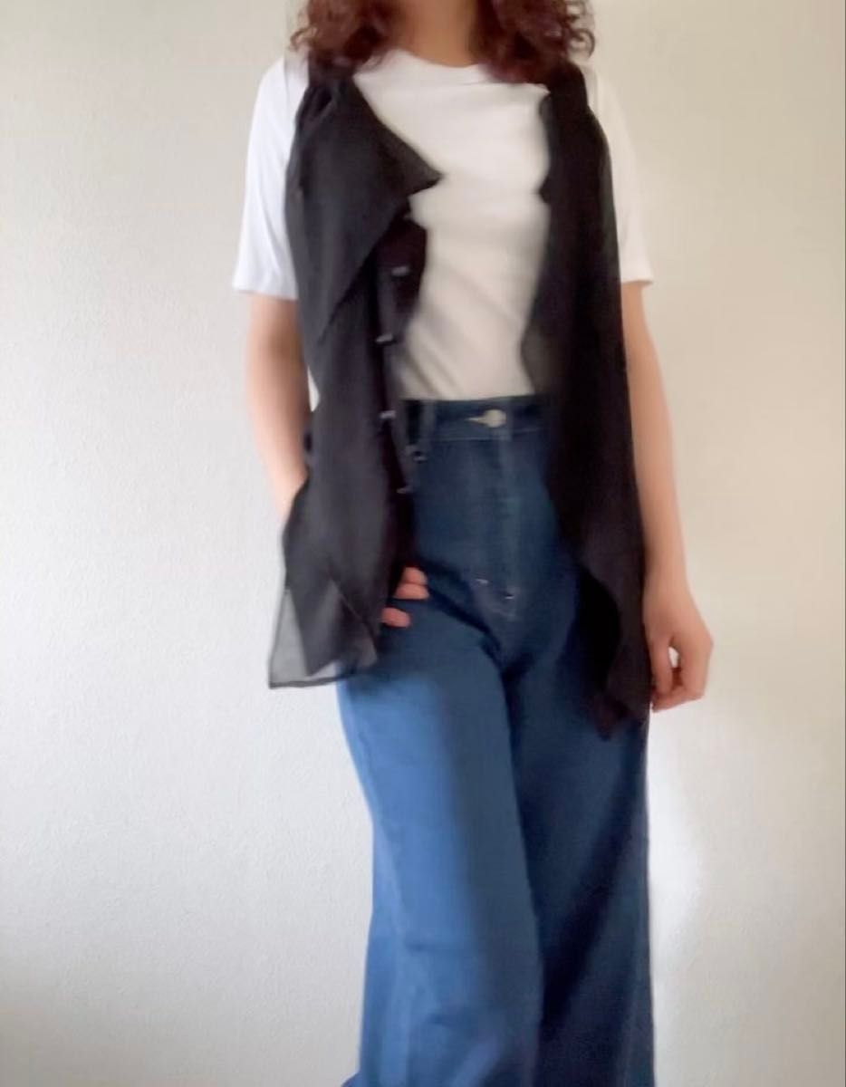 alpha style クロスストラップ ノースリーブトップス ベスト ジレ ブラック シフォン 裾アシンメトリー