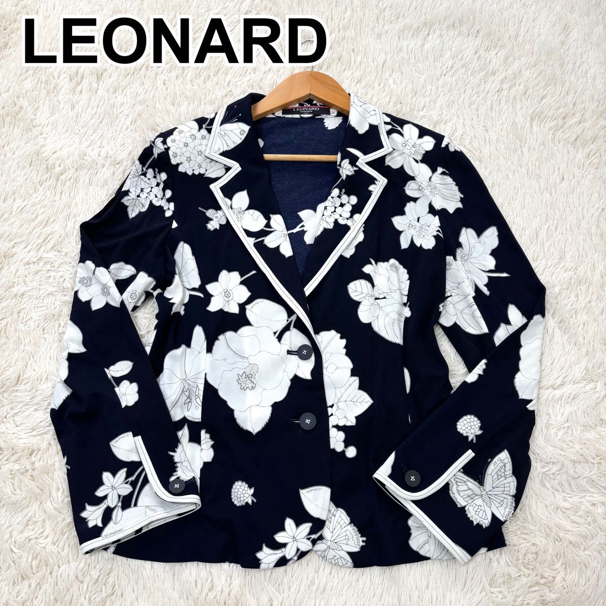 LEONARD レオナール テーラードジャケット 花柄 総柄 カンカン素材 LL LEONARD レオナール テーラードジャケット カンカン素材 花柄
