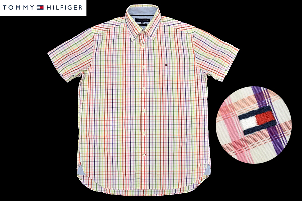 S-9425★送料無料★美品★TOMMY HILFIGER トミーヒルフィガー 80's two-ply★正規品 マルチチェック 半袖ボタンダウンシャツ Ｍ_画像1