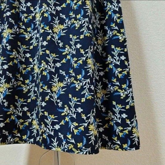 ドレスキップ　カシュクール ワンピース　半袖　フレア袖　Vネック　ウエストゴム　花柄　ネイビー　M　夏 　大人可愛い　ワールド