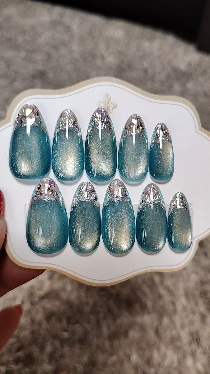 *大人っぽグリーン水光マグネットガラスフレンチ* ジェル ネイルチップ15469現品