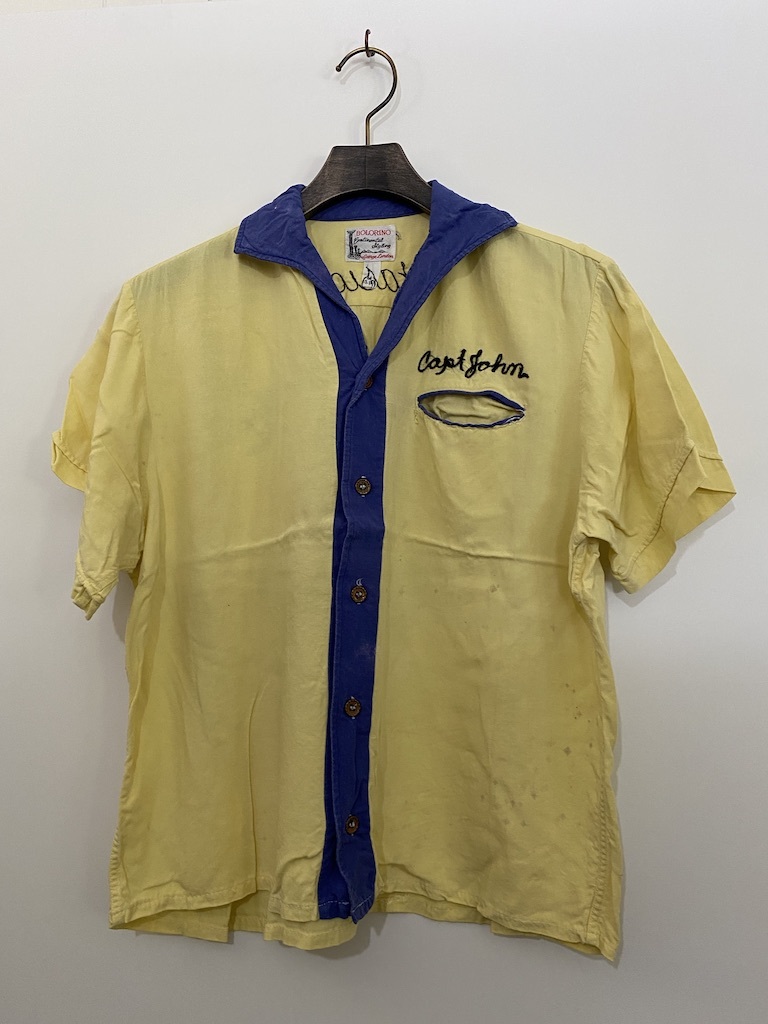 50's ビンテージ BOLORINO ボーリングシャツ レーヨン M 黄色 青 刺繍 