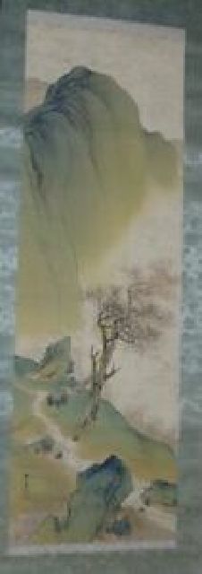 稀少 アンティーク 水墨山水 絹本 肉筆 掛軸 木箱 山水 絵画 日本画 古美術
