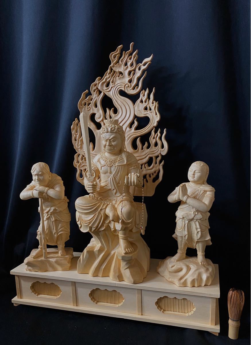 総檜材 井波彫刻 大型高70cm 仏教工芸品 仏師で仕上げ品 不動明王三尊座像-