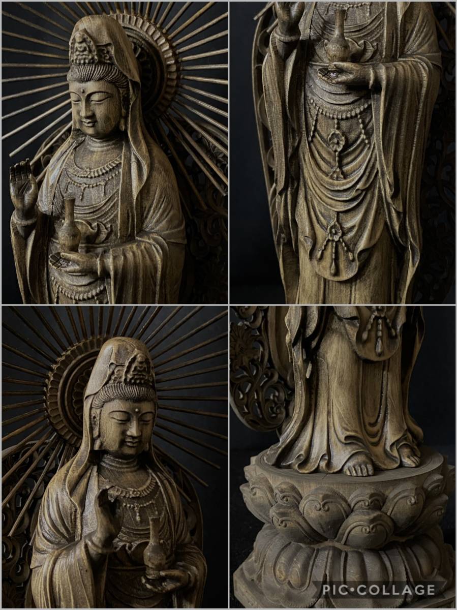 仏教工芸品 総柘植材 時代彫刻 古美術 木彫仏教 精密彫刻 聖観音菩薩立像