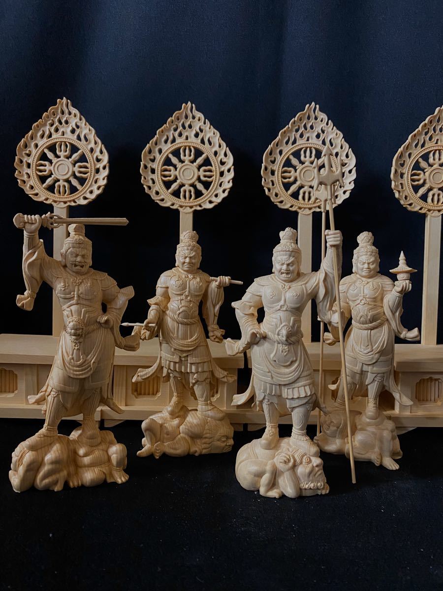 最高級　仏教工芸品　総檜材　井波彫刻　木彫仏教　仏師で仕上げ品　四天王立像一式