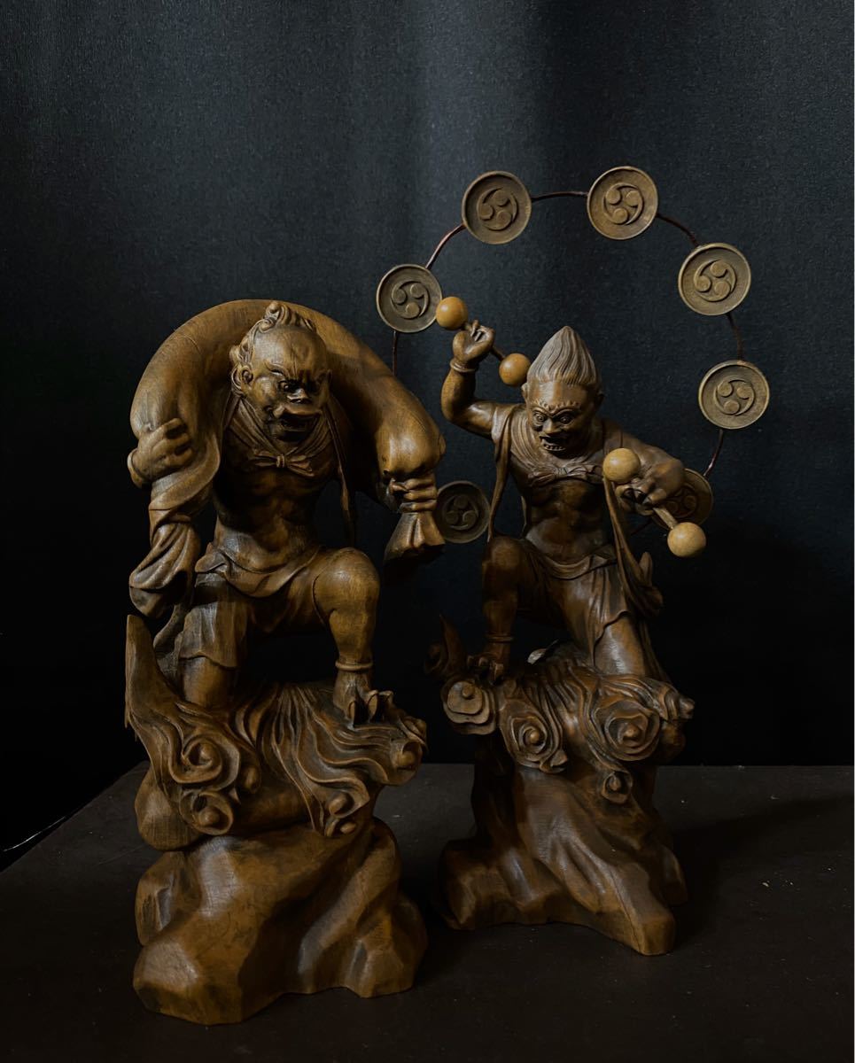 井波彫刻　仏教工芸品　総柘植材　時代彫刻　精密彫刻 仏師で仕上げ品　風神雷神図