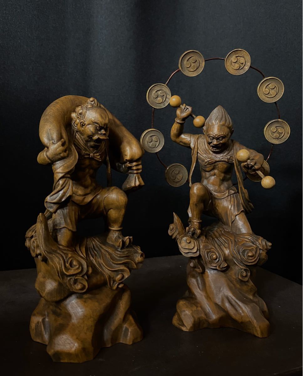 井波彫刻　仏教工芸品　総柘植材　時代彫刻　精密彫刻 仏師で仕上げ品　風神雷神図