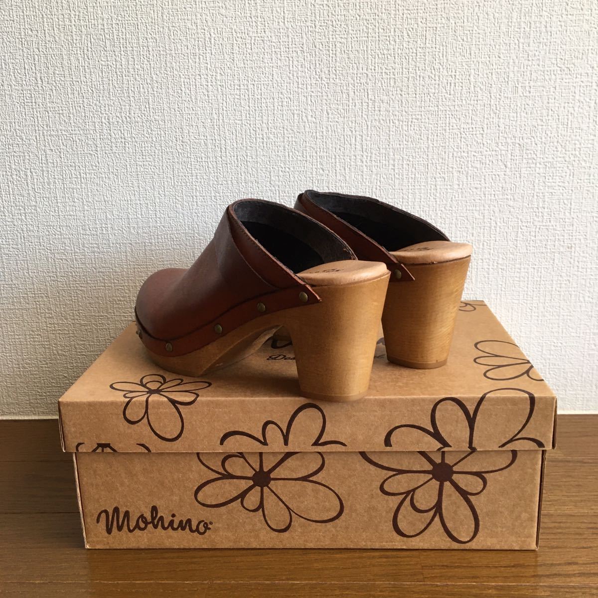 新品未使用 Mohino モヒノ ウッドヒールレザーサボ ブラウン 新品未使用 Mohino モヒノ ウッドヒールレザーサボ ブラウン