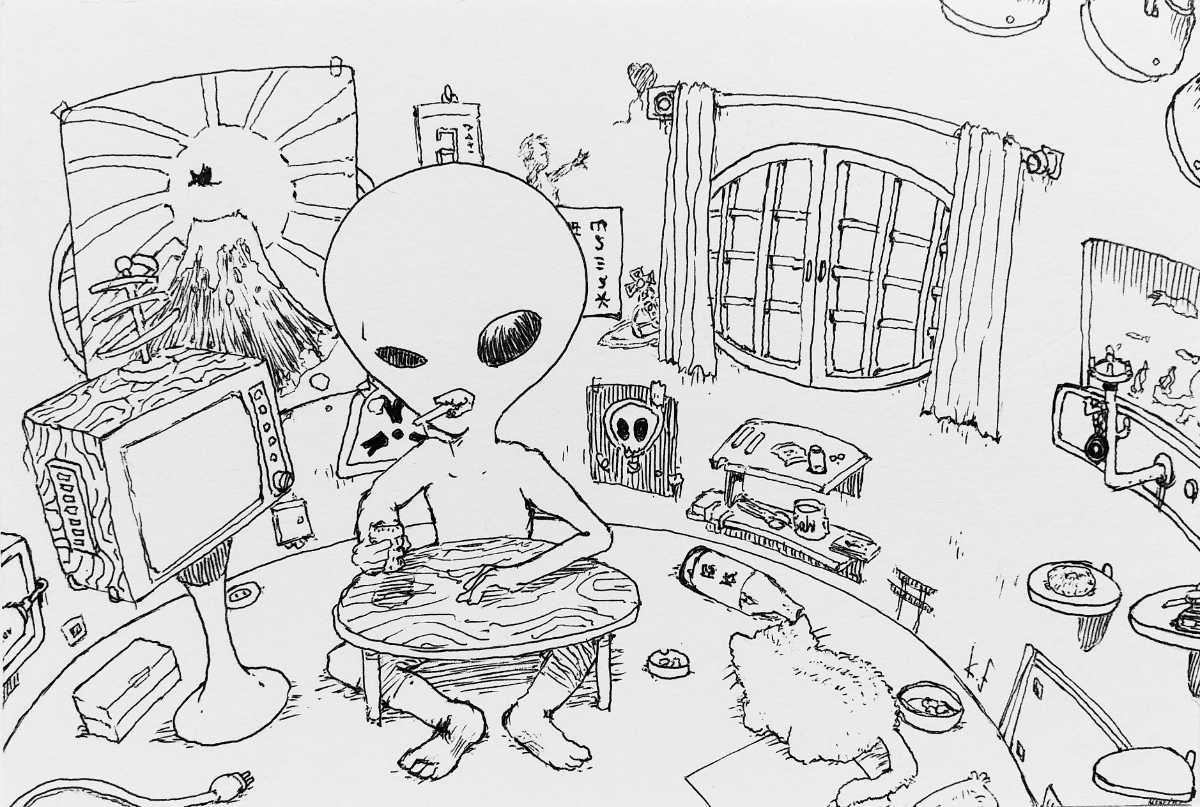  original illustration * hand-drawn illustrations * classic gray kun * extraterrestrial * hand made interior original picture . original work analogue monochrome white black art 