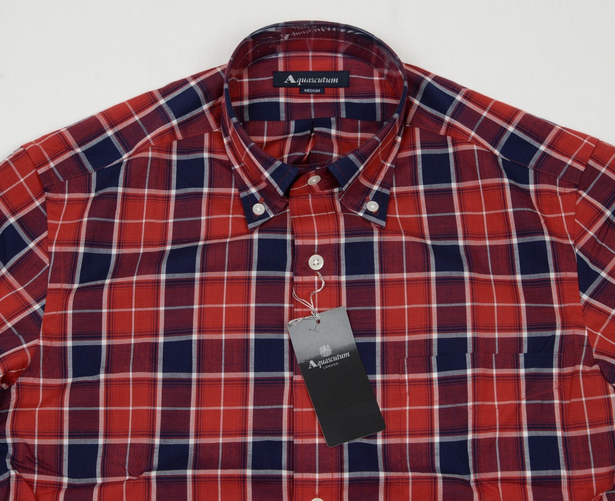 ●定価23100円Aquascutumアクアスキュータム半袖ボタンダウンシャツ(M,赤紺白チェック,日本製)新品_画像3
