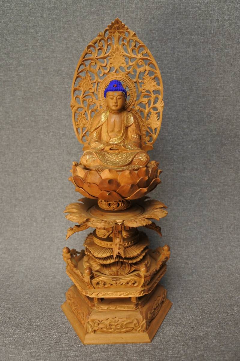 人気定番 未使用長期保管品 六角台座 座釈迦 2.5寸 金泥書 ヒノキ 4135