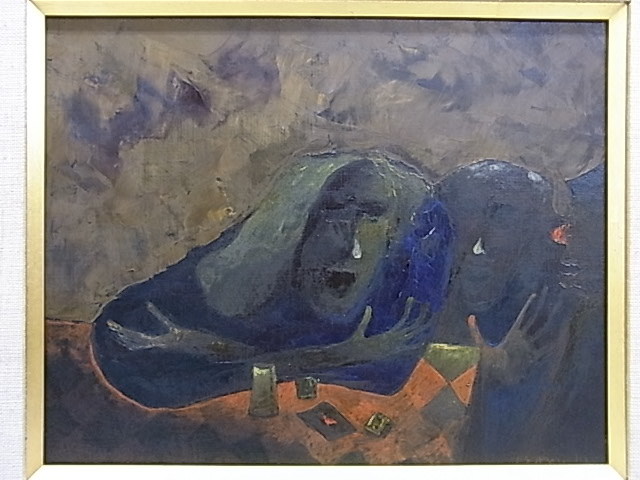 e3962 真作保証 油彩 人物画 森勇 「三人」 F3号 額縁-