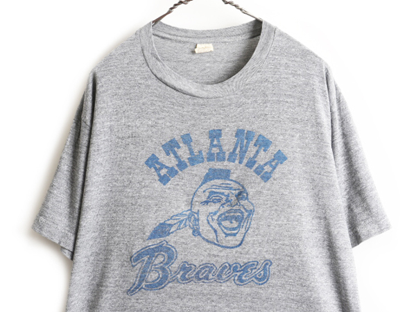 70's 80's USA製 RUSSELL ラッセル MLB アトランタ ブレーブス インディアン プリント 半袖 Tシャツ ( 男性 メンズ XL  ) 古着 杢 灰