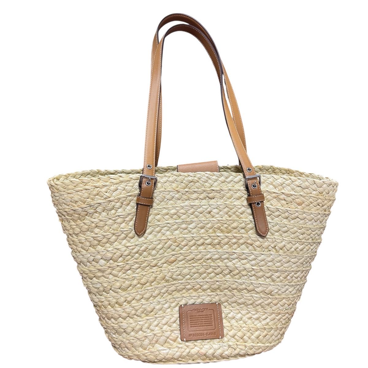 コーチ COACH かごバッグ ハンドバッグ ストロー レザー ブラウン 美品】 COACH かごバッグ ストローバッグ ラージトート レザー