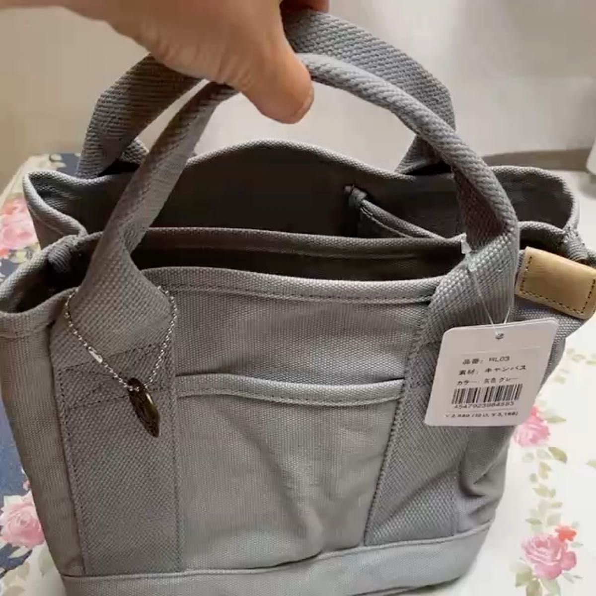 ミニトートバッグ キャンバス 2way 3仕切り ショルダーミニトートバッグ グレー