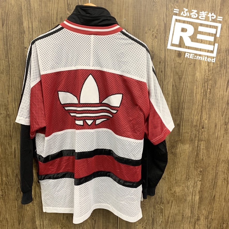 adidas アディダス ジャージ ブルゾン トレフォイル バックロゴ ワンポイント 重ね着風 ゲームシャツ 80s 90s L_画像1