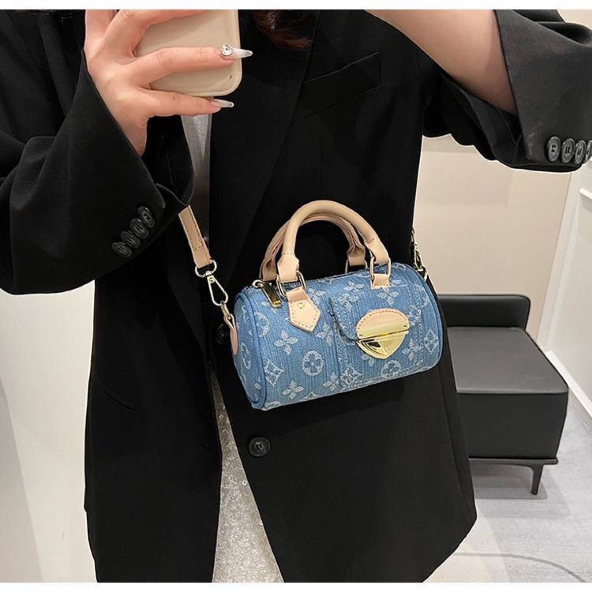 大人気★新品・総柄デニム× 高品質PVCレザー・ハンドバッグ・ショルダーバッグ 【LUYIWEINASI】＼送料無料・SALE中／