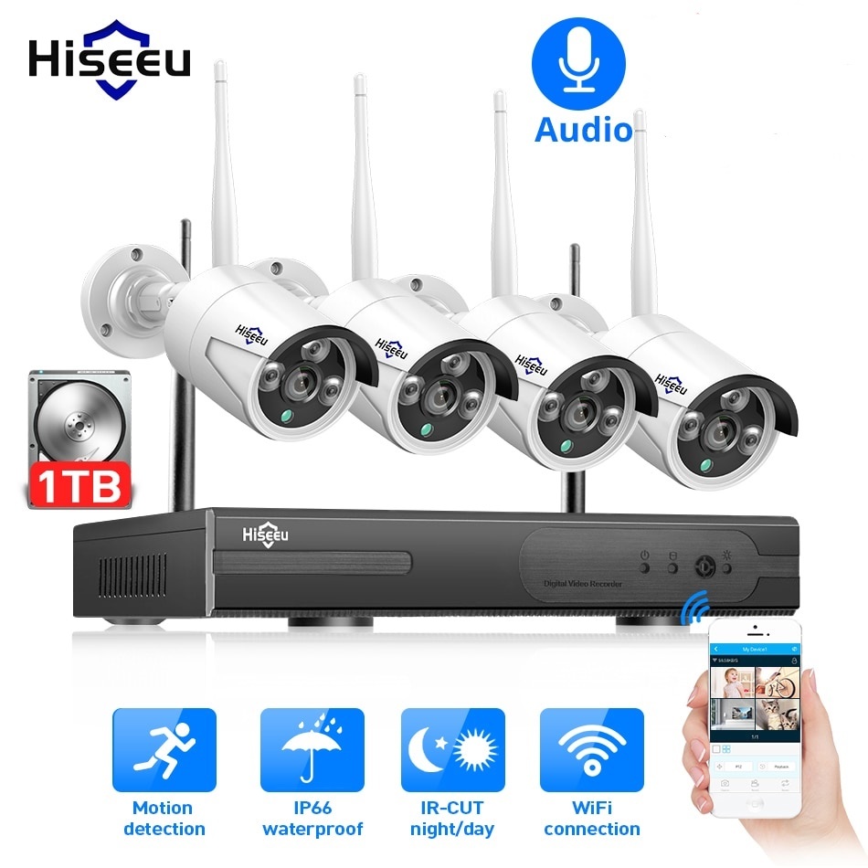 Hiseeu・8CH・ワイヤレス cctv システム 1080p・1TB・4個カメラ ・2MP nvr wifi ・ 屋外・セキュリティシステム・ビデオ監視キット_画像1