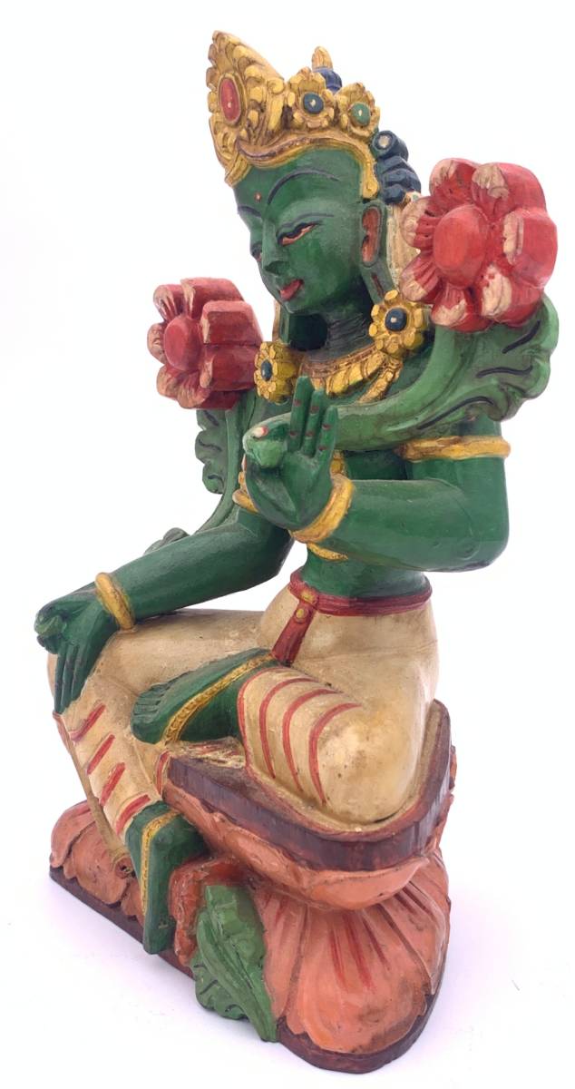 木製手彫りグリーンターラー（緑多羅菩薩）像◆チベット仏教-1A_画像2