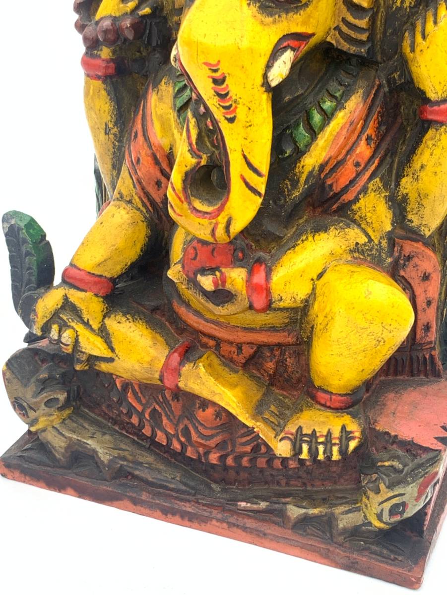 木製手彫りガネーシャ像（歓喜天）富と智恵の神◆インド-M2