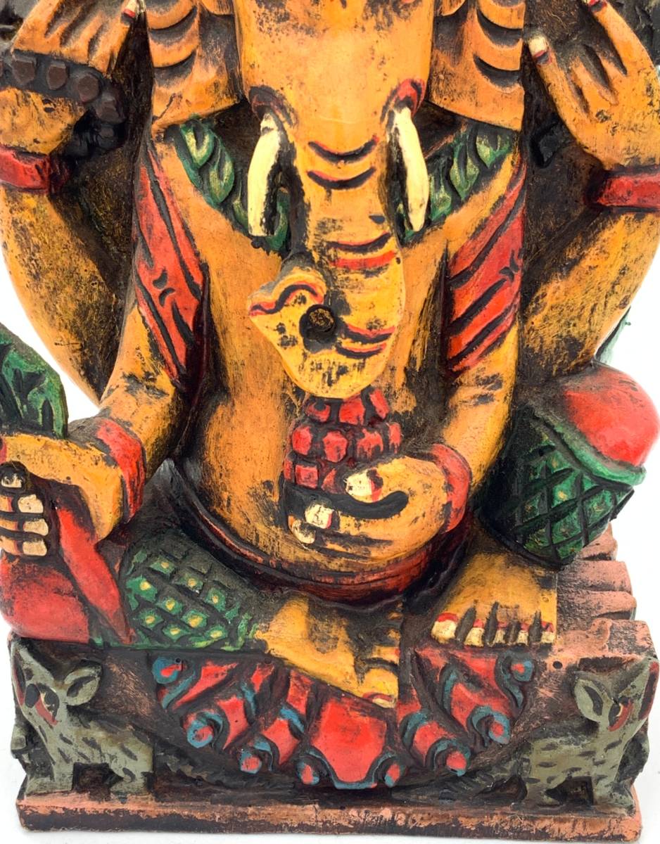木製手彫りガネーシャ像（歓喜天）富と智恵の神◆インド-L1