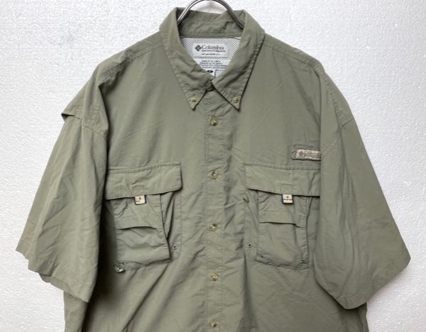 90's 00's コロンビア PFG 半袖 ナイロン フィッシングシャツ (L) 90年代 00年代 旧タグ オールド Columbia カーキ系 マルチポケット_画像1