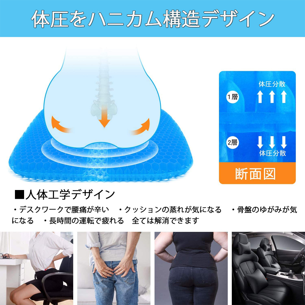 ジェルクッション* 座布団 TPE素材 ハニカム構(gòu)造 カバー付き 2枚セット 180日保証