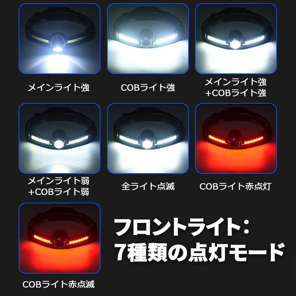 LEDヘッドライト* USB充電 バッテリー內(nèi)蔵 センサーモード付 高輝度 7+3モード 広角/狹角/COB/SOS切替 角度調(diào)節(jié)可 7日保証