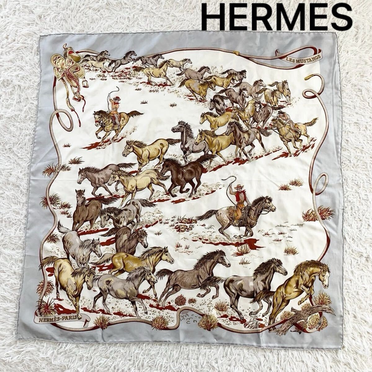 美品☆HERMES エルメス スカーフ カレ90 シルク 野生馬たち ベージュ HERMES エルメス カレ90 LES MUSTANGS 野生馬たち シルク100