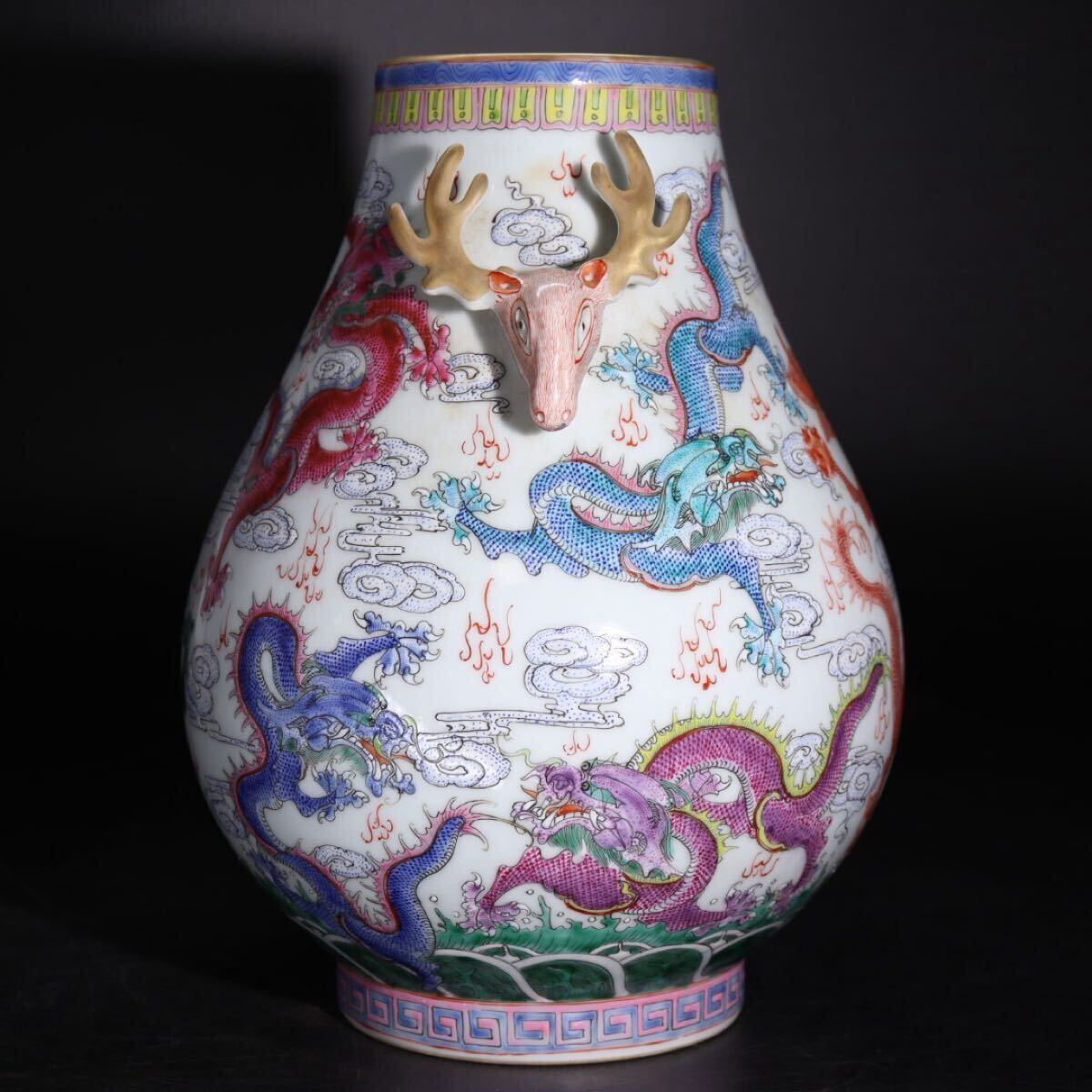 中国古玩 色絵龍紋 大清年製 花瓶 大清乾隆年製 底款 色絵 龍紋 双耳 壺 / 清 乾隆 中国美術 花器