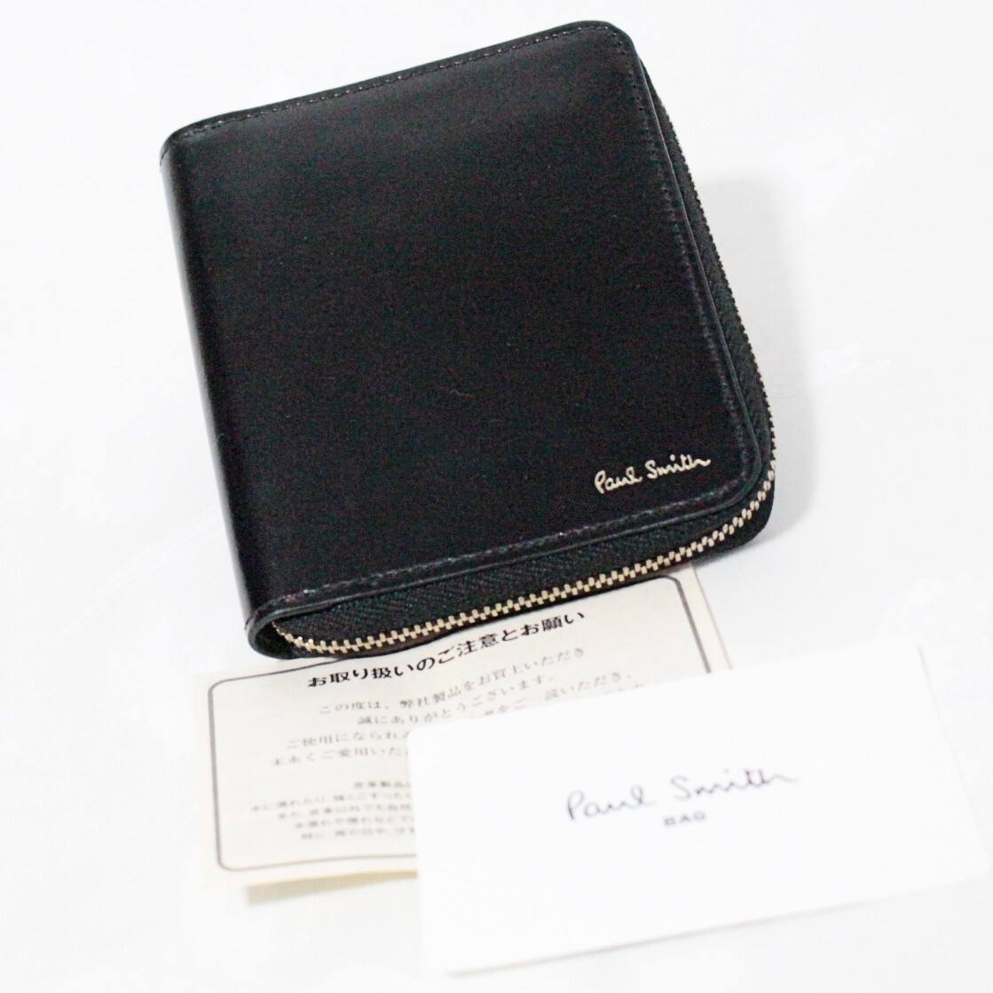 新品 ポールスミス 47300円 箔ロゴ刻印 コードバン 二つ折り財布 黒