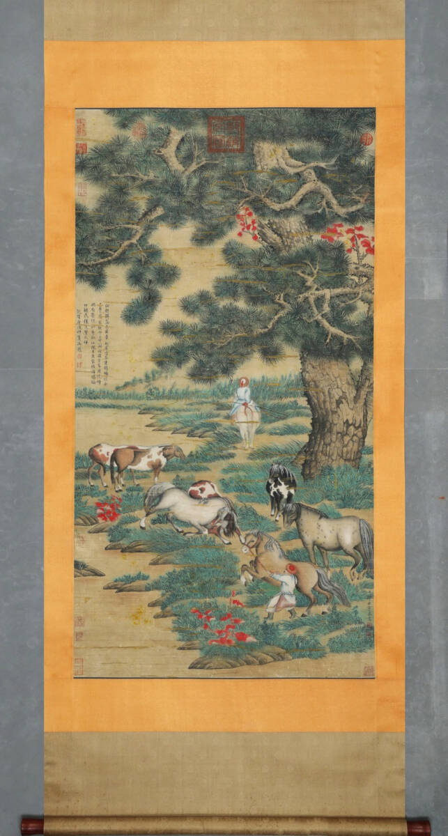 中国 清国人 画家 呉東槐(号植庭) 人物 肉筆掛軸 ◇御泓軒◇中国書画 『清時代画家「郎世寧書」絹本「郊原牧